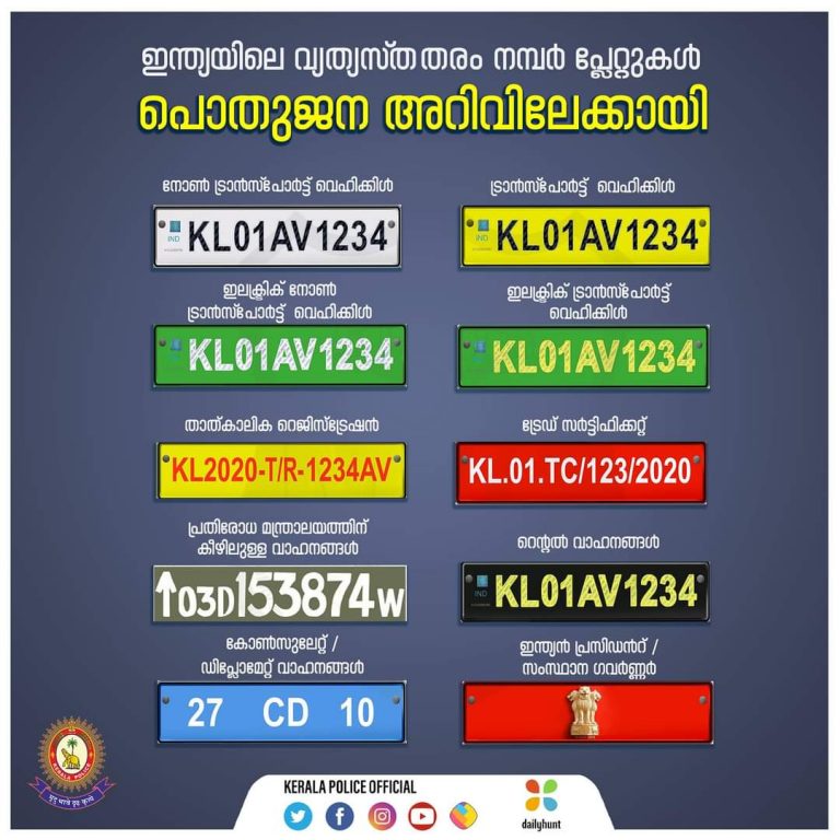 പല നിറങ്ങളിലുള്ള നമ്പർ പ്ലേറ്റുകള്‍ എന്തൊക്കെ എന്തിന്?