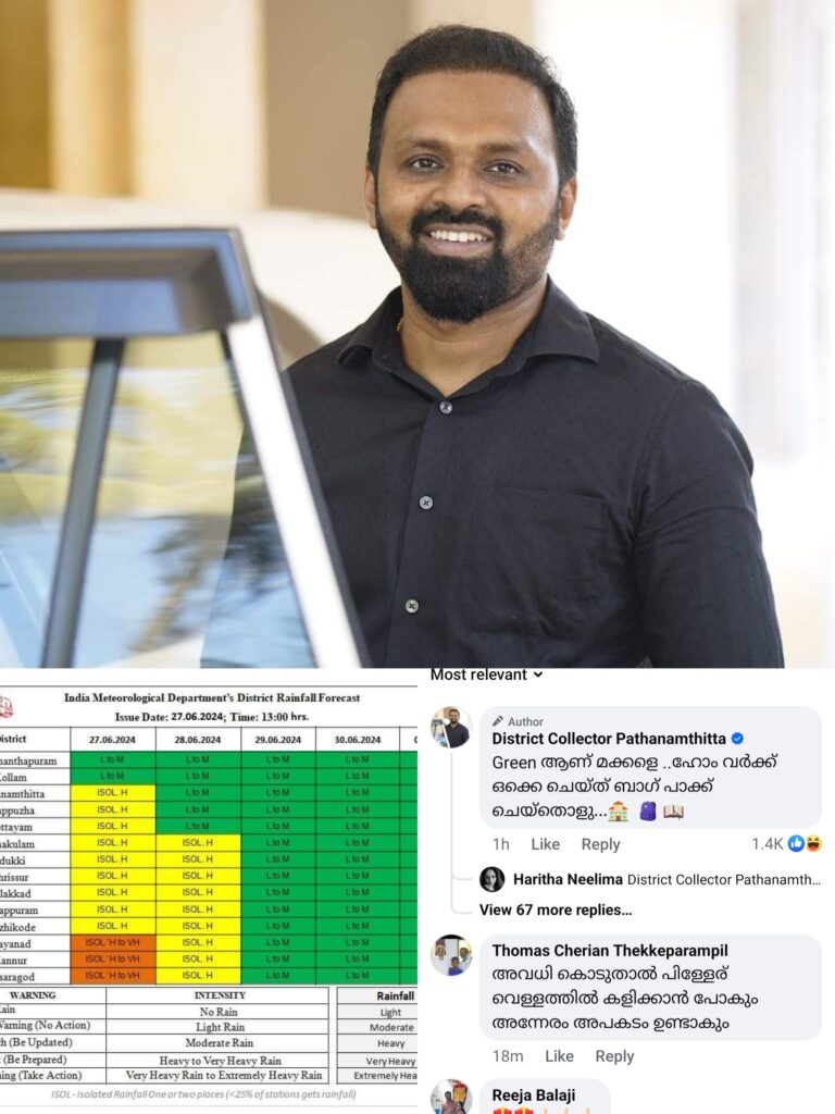 ‘ഗ്രീൻ ആണ് മക്കളെ, ഹോം വർക്കൊക്കെ ചെയ്ത് ബാഗ് പാക്ക് ചെയ്തോളു’അവധി ചോദ്യക്കാര്‍ക്ക് ജില്ലാ കളക്ടറുടെ മറുപടി