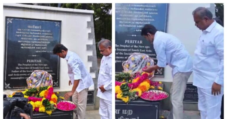 വിജയ് പെരിയാർ സ്മാരകത്തിൽ; തന്തൈ പെരിയാറിന്റെ 146ാം ജന്മവാർഷികം, പുഷ്പാർച്ചന നടത്തി താരം