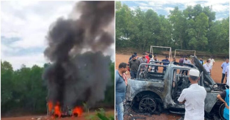 അഭ്യാസ പ്രകടനത്തിനിടെ പുത്തന്‍ കാർ കത്തി നശിച്ചു; വാഹനത്തിനകത്ത് ഉണ്ടായിരുന്നവര്‍ രക്ഷപ്പെട്ടത് തലനാരിഴക്ക്