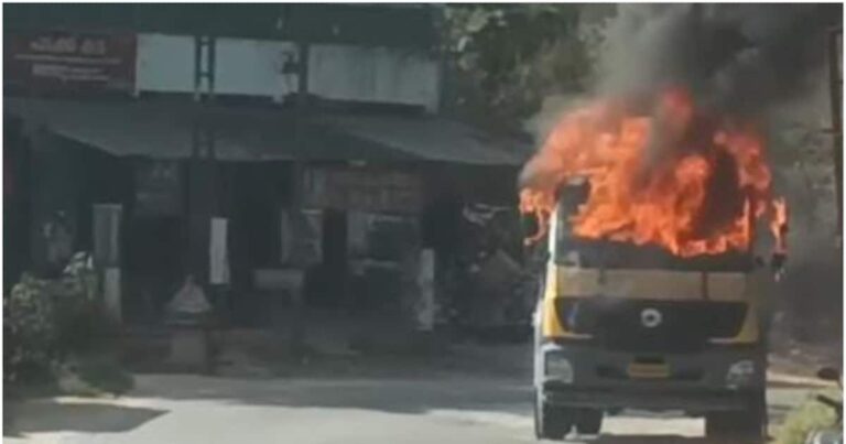 കോൺക്രീറ്റ് മിക്സർ കയറ്റിവന്ന ലോറിക്ക് തീപിടിച്ചു, മുൻഭാഗം പൂർണമായും കത്തിയമർന്നു; ആളപായമില്ല