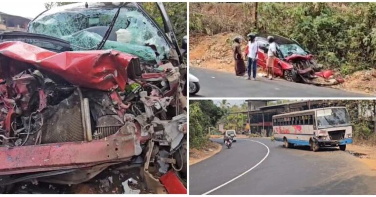 നിയന്ത്രണം വിട്ടെത്തിയ കാർ കെഎസ്ആർടിസി ബസിൽ ഇടിച്ചുകയറി; 4 പേർക്ക് പരുക്ക്, ഒരാളുടെ നില ഗുരുതരം
