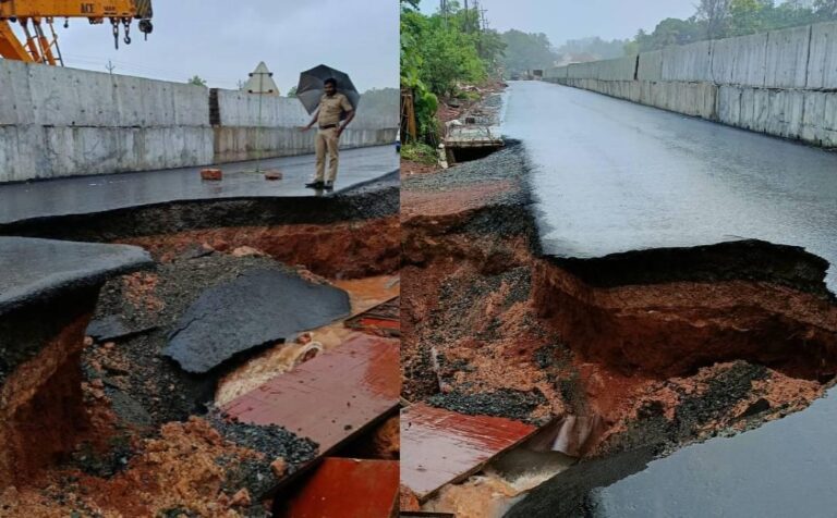കാഞ്ഞങ്ങാട്ട് ദേശീയപാതയിലെ സര്‍വീസ് റോഡ് ഇടിഞ്ഞു, രൂപപ്പെട്ടത് വന്‍ കുഴി