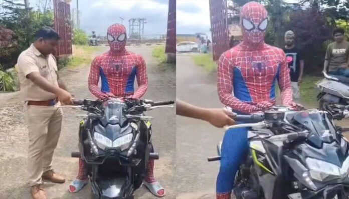 തിരക്കേറിയ റോഡിൽ ബൈക്കിലെത്തി സ്പൈഡർമാന്റെ അഭ്യാസ പ്രകടനം; പോലീസിനെ കണ്ടതും പെടുന്നനെ ബ്രേക്കിട്ടു; 15,000 രൂപ പിഴ ചുമത്തി പോലീസ്