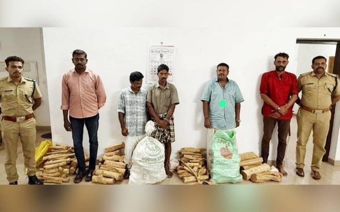 കേരളത്തിലേക്ക് കടത്താൻ ശ്രമിച്ച 155 കിലോ ചന്ദനത്തടിയുമായി അഞ്ചംഗ സംഘം പിടിയിൽ