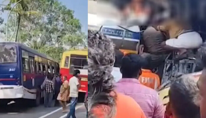 നിര്‍ത്തിയിട്ടിരുന്ന ഓര്‍ഡിനറി ബസിനെ ഓവര്‍ടേക്ക് ചെയ്യാന്‍ ശ്രമം; ഫാസ്റ്റ് പാസഞ്ചര്‍ ബസ് ടാങ്കര്‍ ലോറിയിലേക്ക് ഇടിച്ച് കയറി;  അപകടത്തില്‍ ഒട്ടേറെ പേര്‍ക്ക് പരിക്ക്‌