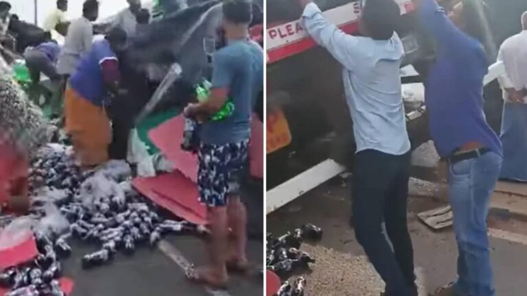 മദ്യമാണെന്ന് തെറ്റിദ്ധരിച്ചു; മറിഞ്ഞ ലോറിയിൽനിന്ന് ശീതളപാനീയ കുപ്പികൾ വാരിക്കൂട്ടി നാട്ടുകാർ