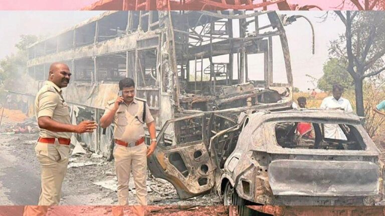 കാർ ബസുമായി കൂട്ടിയിടിച്ചു കത്തി ഒരു കുടുംബത്തിലെ ആറു പേർ വെന്തുമരിച്ചു; ബസും കത്തിയമർന്നു