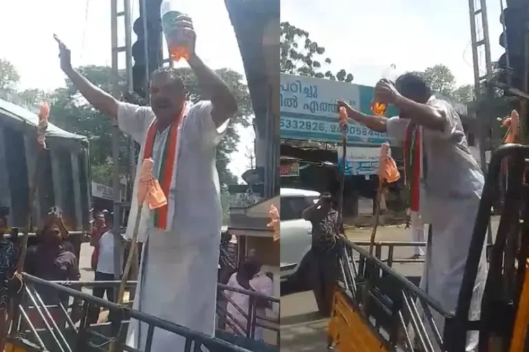 മുഖ്യമന്ത്രിപ്പോര് തെരുവിൽ:നടുറോഡിൽ പെട്രോളൊഴിച്ച് ആത്മഹത്യാശ്രമം; ഫ്ളക്സിൽ പാൽ-കരിഓയിൽ അഭിഷേകം