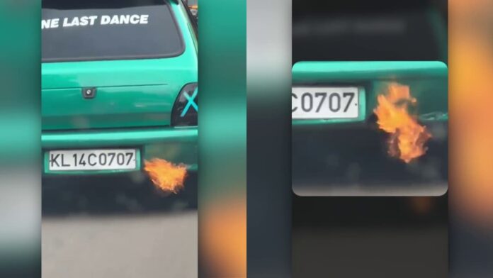 തീ തുപ്പുന്ന കാറുമായി വീണ്ടും പൂക്കികൾ;മലപ്പുറം ഒതുക്കുങ്ങലിൽ യുവാക്കളുടെ സാഹസിക യാത്രയുടെ ദൃശ്യങ്ങൾ വൈറൽ