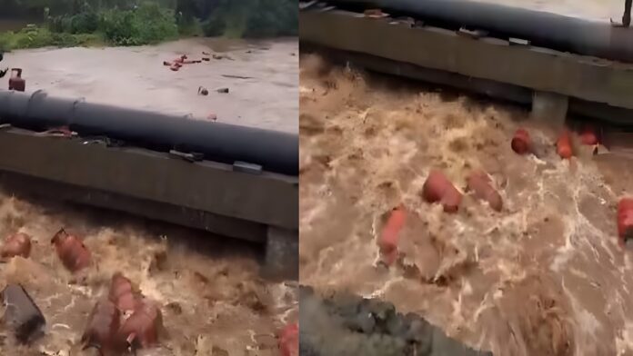 കനത്തമഴ; കുത്തിയൊലിക്കുന്ന പുഴയിൽ മുങ്ങിപ്പൊങ്ങി മൂവായിരത്തോളം LPG സിലിണ്ടറുകൾ, ദൃശ്യങ്ങൾ വൈറൽ